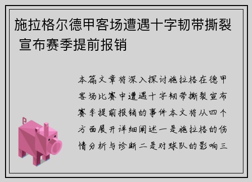 施拉格尔德甲客场遭遇十字韧带撕裂 宣布赛季提前报销